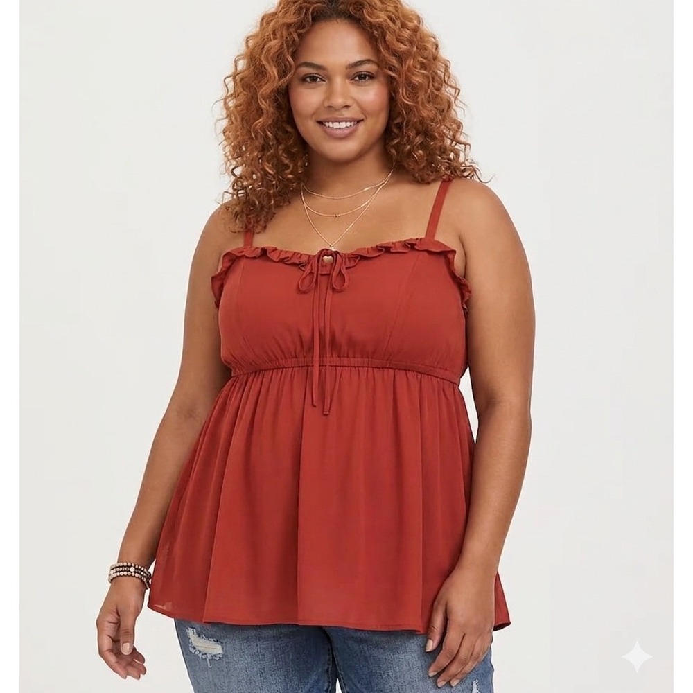 Torrid Womens Babydoll 5X Rust Red Ruffle Tie Neck Smocked Cami Top‎ Plus Boho